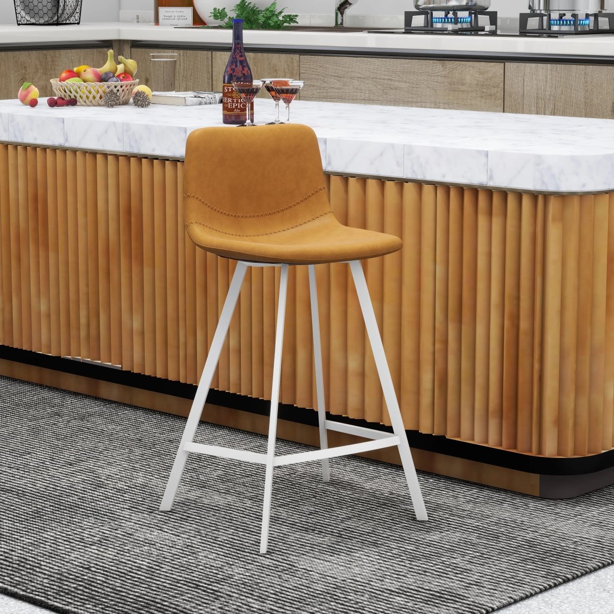 Elland Modern Upholstered Leather Bar Stool With White Iron Legs & Footrest Set of 2