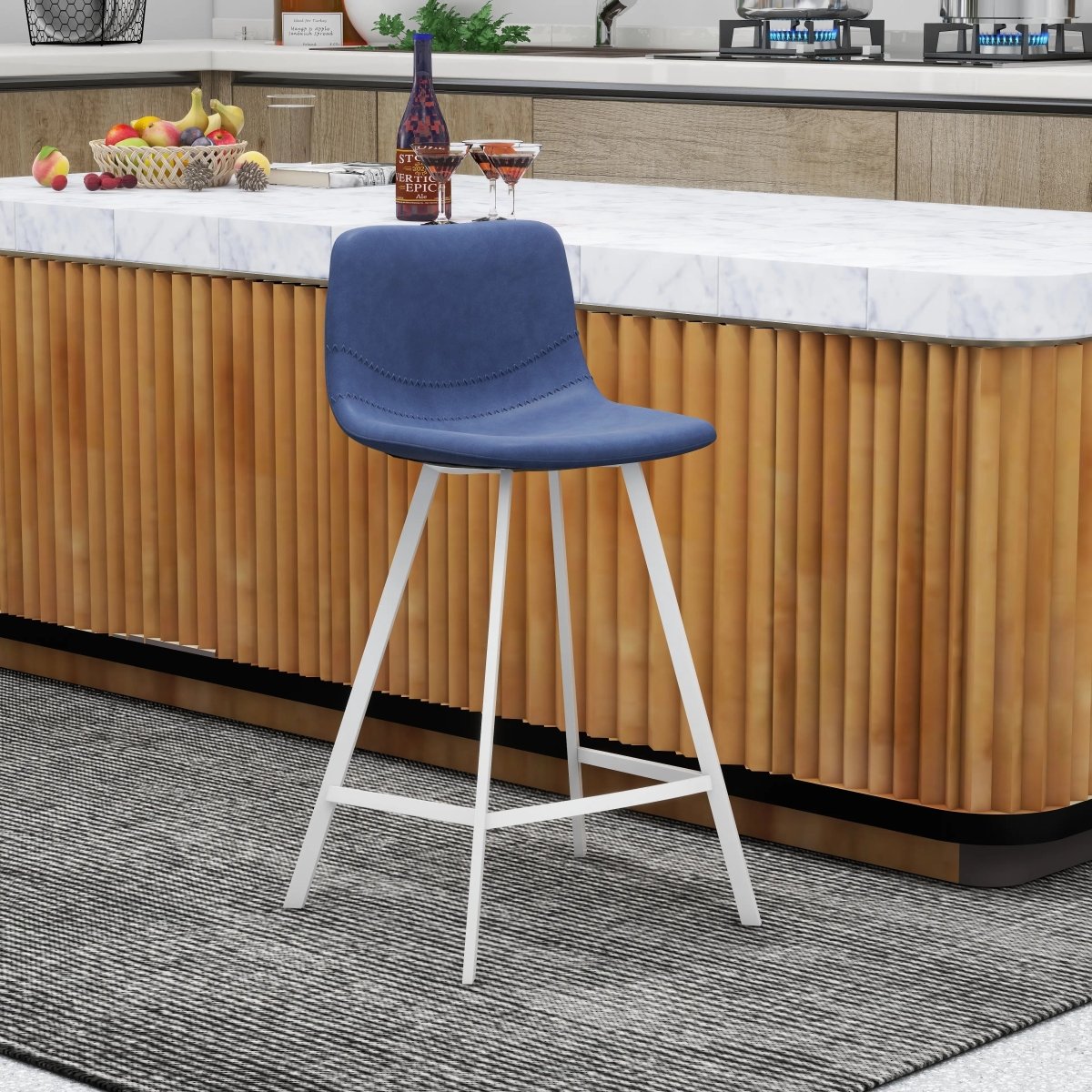 Elland Modern Upholstered Leather Bar Stool With White Iron Legs & Footrest Set of 2