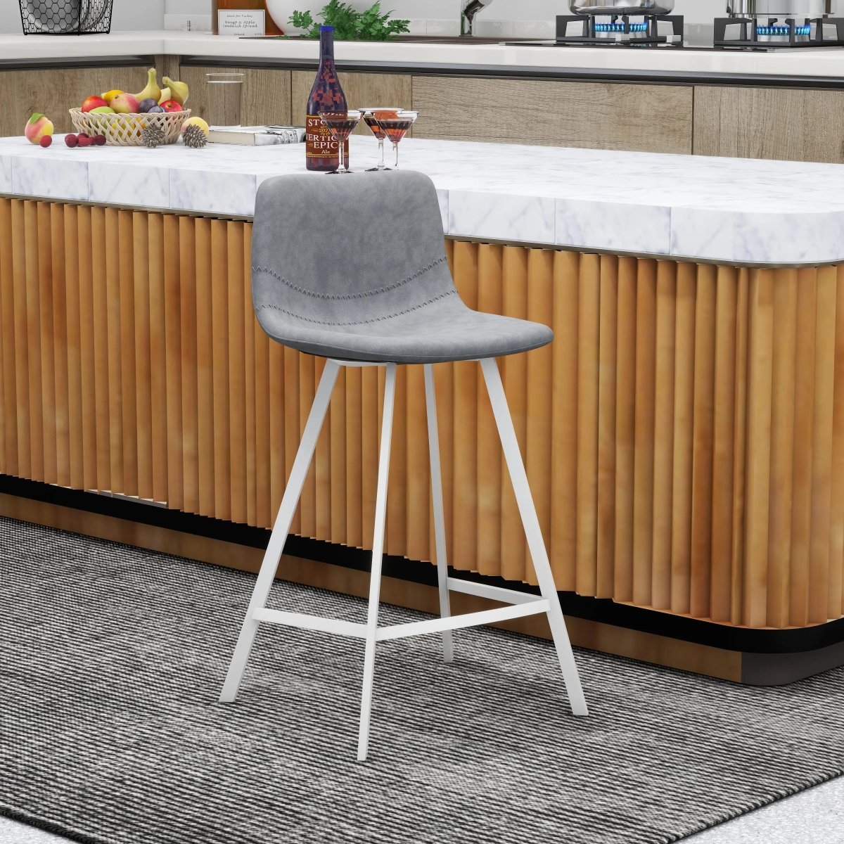 Elland Modern Upholstered Leather Bar Stool With White Iron Legs & Footrest Set of 2