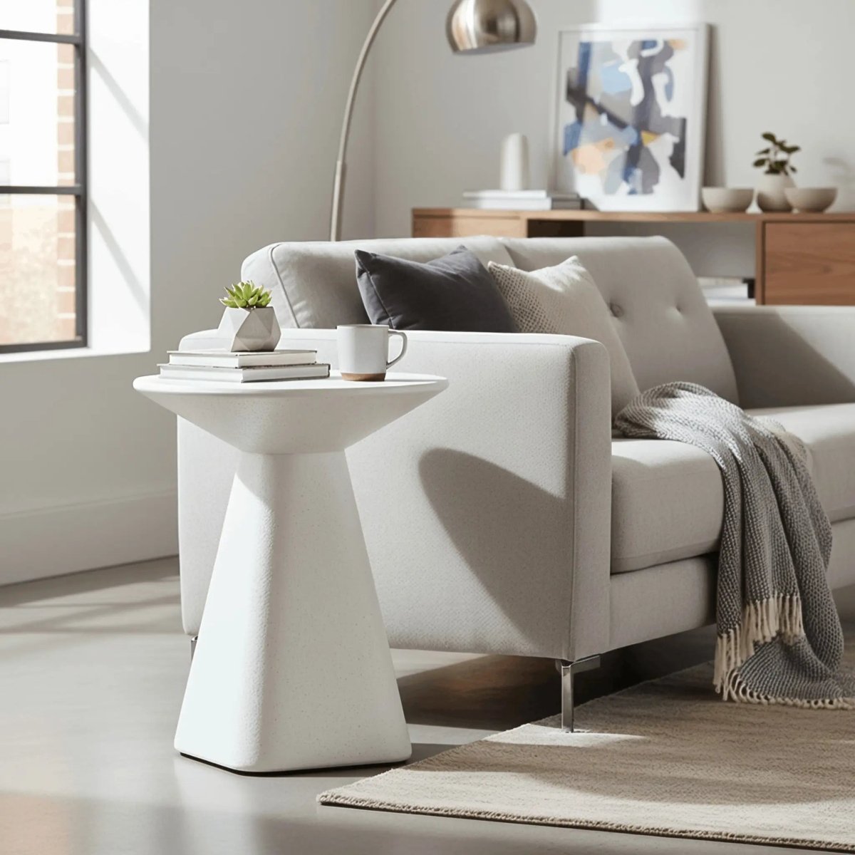 Elsie 18" Wide Circular Fiberstone Side Table with Powder - Coated Finish for Indoor/Outdoor Use