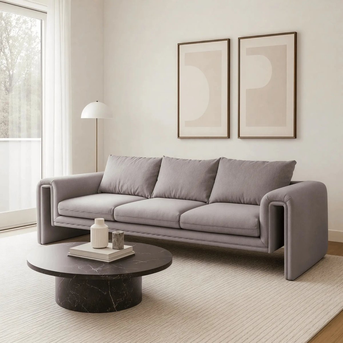 Ely Three - Seater Sofa Upholstered in Linen with Iron Frame and Removable Cushions