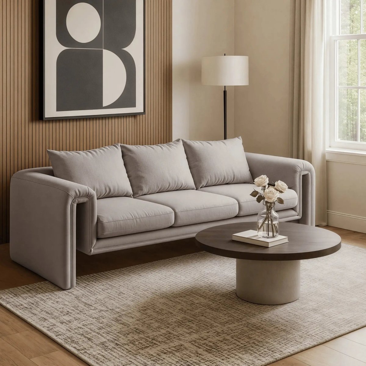 Ely Three - Seater Sofa Upholstered in Linen with Iron Frame and Removable Cushions