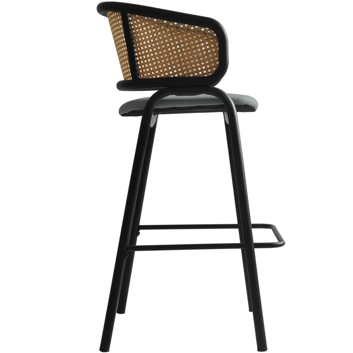Ervilla Leather Bar Stool with Powder-Coated Stainless Steel Base and Curved Wicker Back Design Grey Black Bar Stools Leisuremod