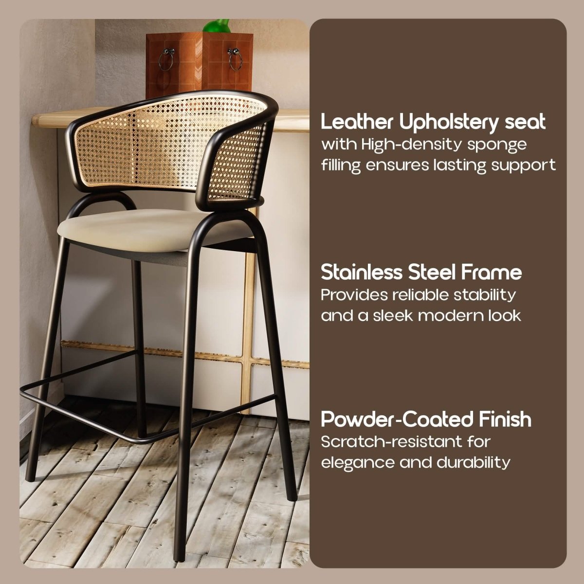 Ervilla Leather Bar Stool with Powder-Coated Stainless Steel Base and Curved Wicker Back Design Grey Black Bar Stools Leisuremod