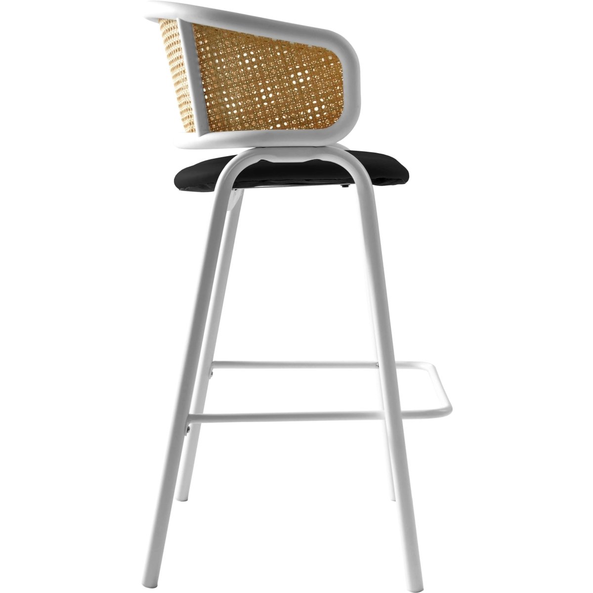 Ervilla Leather Bar Stool with Powder-Coated Stainless Steel Base and Curved Wicker Back Design Black White Bar Stools Leisuremod
