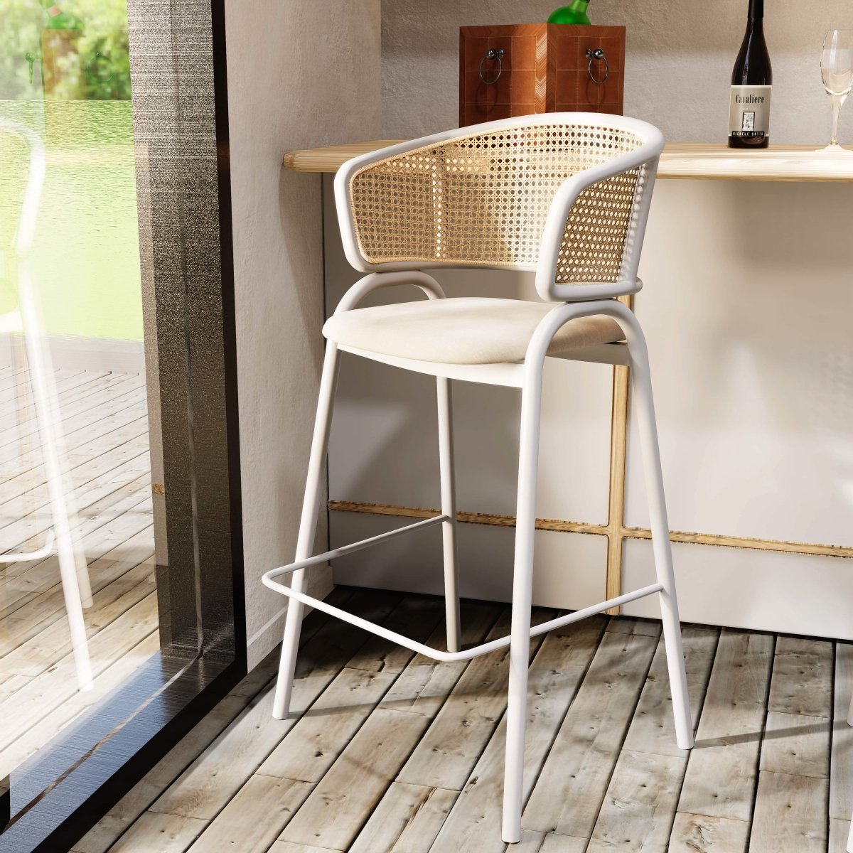 Ervilla Leather Bar Stool with Powder-Coated Stainless Steel Base and Curved Wicker Back Design Taupe White Bar Stools Leisuremod