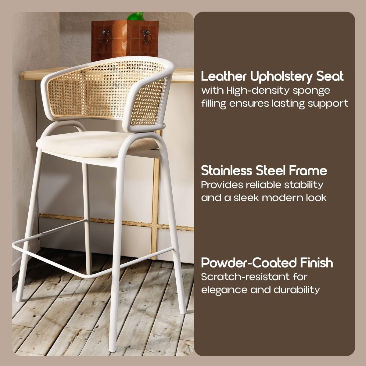 Ervilla Leather Bar Stool with Powder-Coated Stainless Steel Base and Curved Wicker Back Design Taupe White Bar Stools Leisuremod