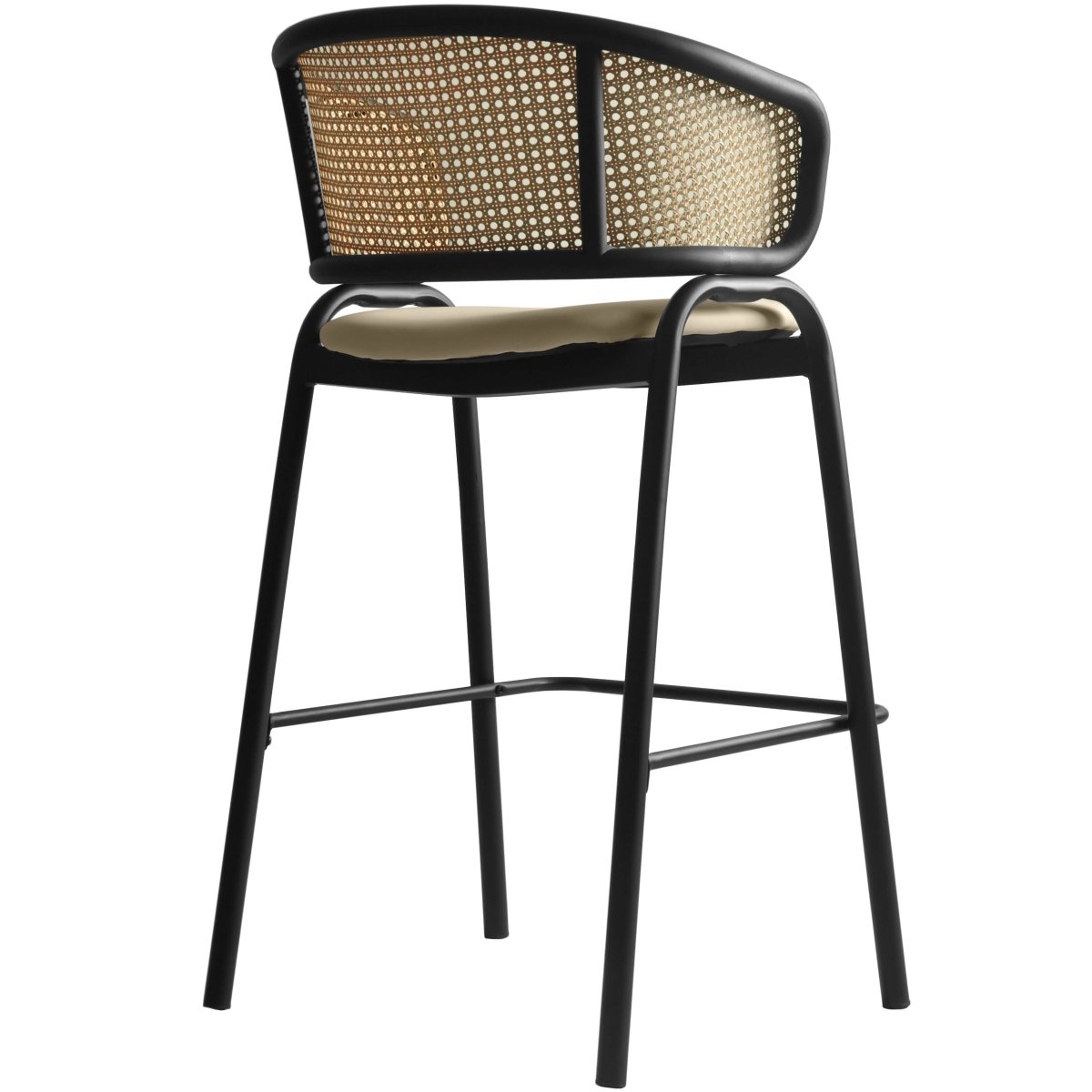 Ervilla Leather Bar Stool with Powder-Coated Stainless Steel Base and Curved Wicker Back Design Taupe Black Bar Stools Leisuremod