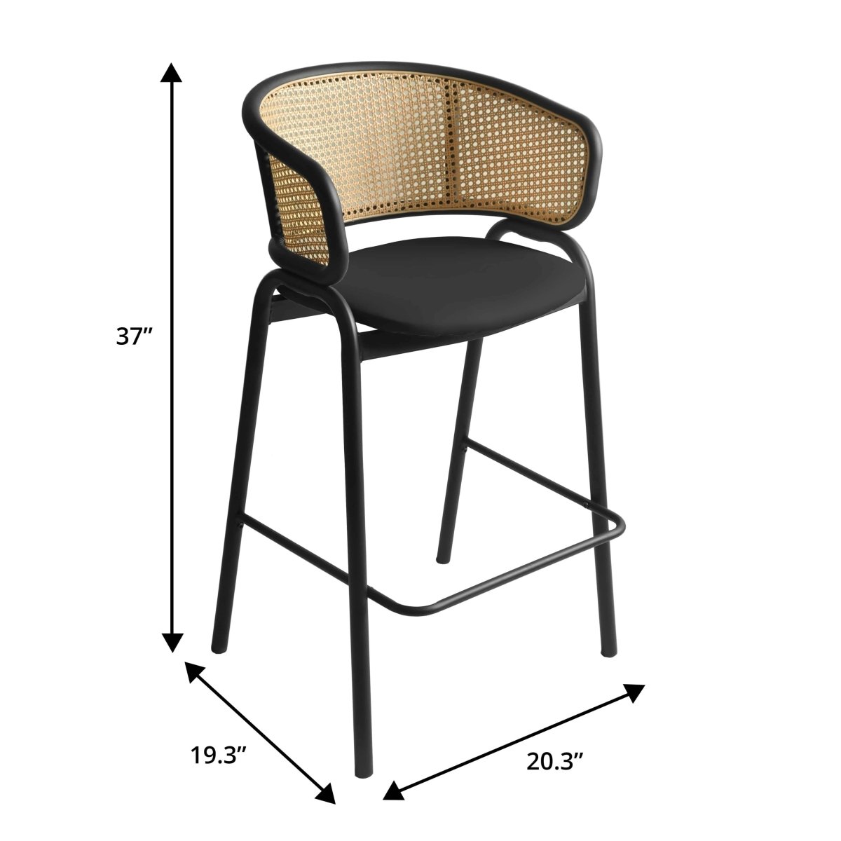 Ervilla Leather Bar Stool with Powder-Coated Stainless Steel Base and Curved Wicker Back Design Black Black Bar Stools Leisuremod