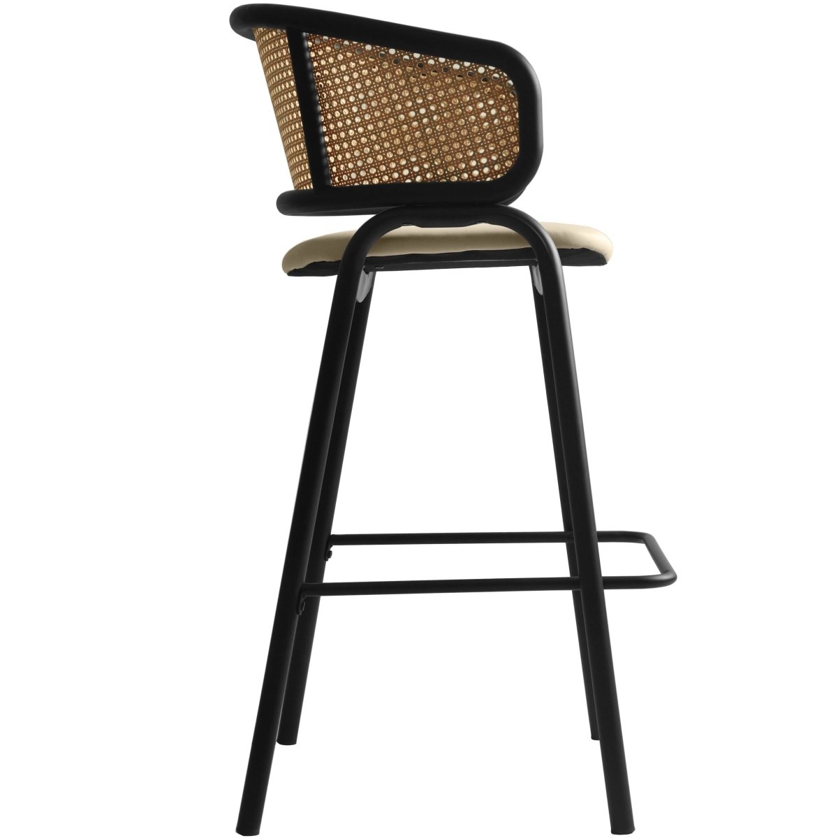 Ervilla Leather Bar Stool with Powder-Coated Stainless Steel Base and Curved Wicker Back Design Beige Black Bar Stools Leisuremod