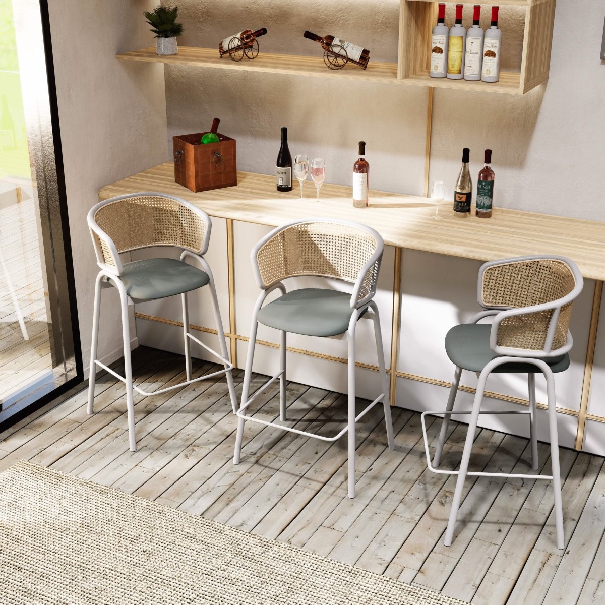 Ervilla Leather Bar Stool with Powder-Coated Stainless Steel Base and Curved Wicker Back Design Black White Bar Stools Leisuremod