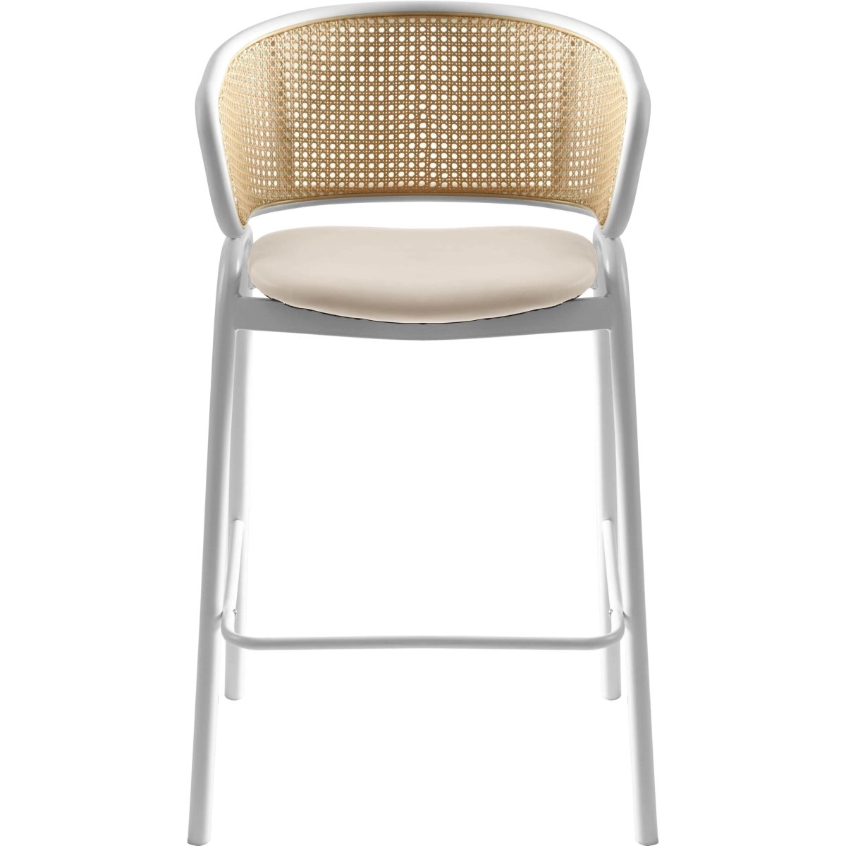 Ervilla Leather Bar Stool with Powder-Coated Stainless Steel Base and Curved Wicker Back Design Taupe White Bar Stools Leisuremod