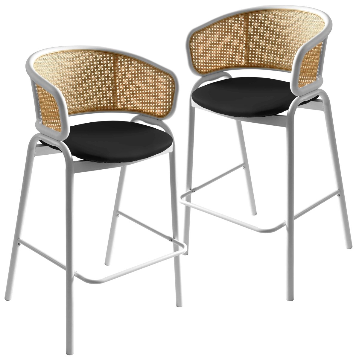 Ervilla Leather Bar Stool with Powder-Coated Stainless Steel Base and Curved Wicker Back Design Black White Bar Stools Leisuremod