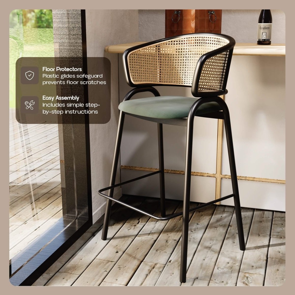Ervilla Leather Bar Stool with Powder-Coated Stainless Steel Base and Curved Wicker Back Design Grey Black Bar Stools Leisuremod