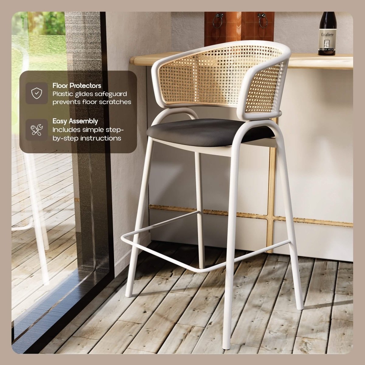 Ervilla Leather Bar Stool with Powder-Coated Stainless Steel Base and Curved Wicker Back Design Taupe Black Bar Stools Leisuremod