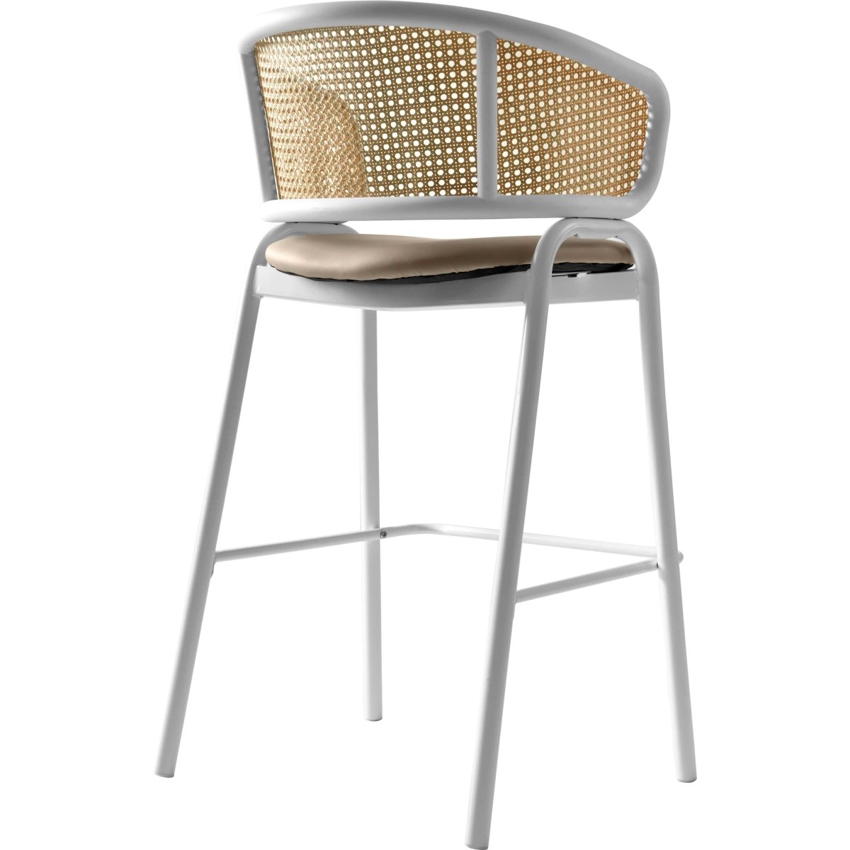 Ervilla Leather Bar Stool with Powder-Coated Stainless Steel Base and Curved Wicker Back Design Taupe White Bar Stools Leisuremod