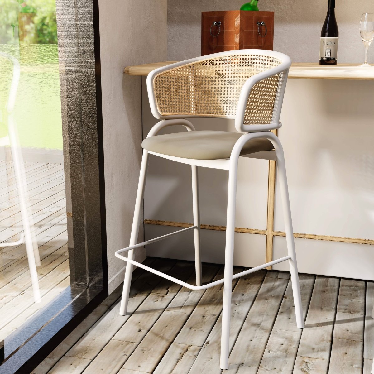 Ervilla Leather Bar Stool with Powder-Coated Stainless Steel Base and Curved Wicker Back Design Grey White Bar Stools Leisuremod