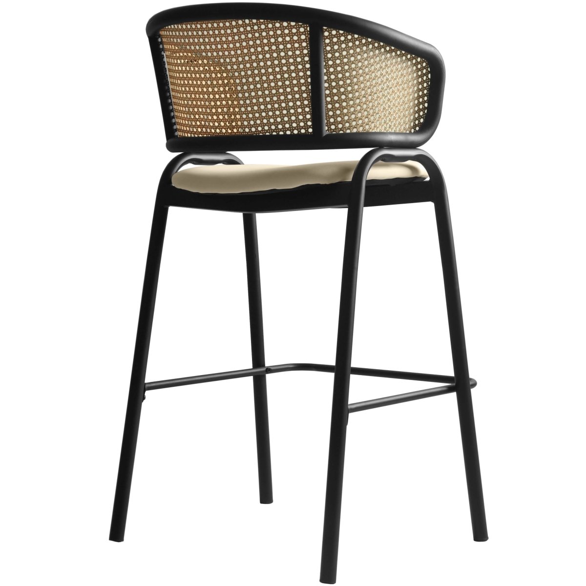 Ervilla Leather Bar Stool with Powder-Coated Stainless Steel Base and Curved Wicker Back Design Beige Black Bar Stools Leisuremod