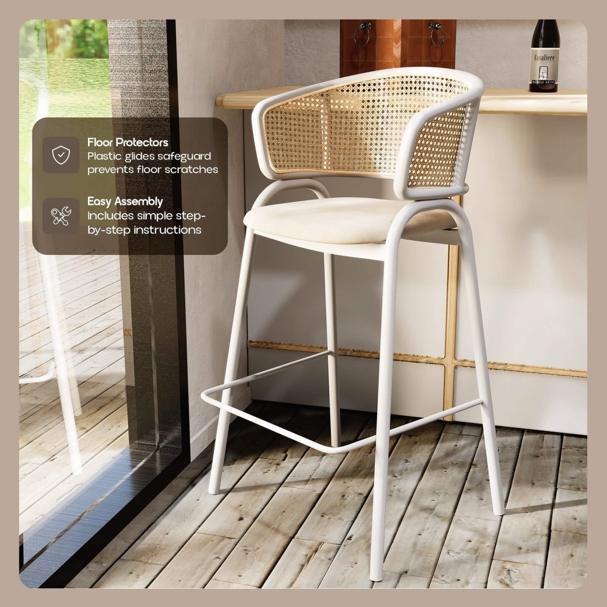 Ervilla Leather Bar Stool with Powder-Coated Stainless Steel Base and Curved Wicker Back Design Taupe White Bar Stools Leisuremod