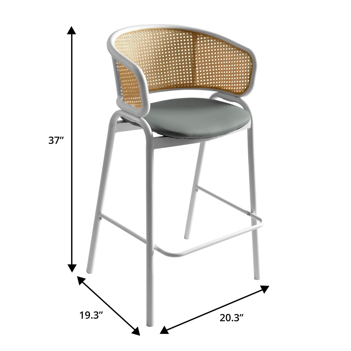 Ervilla Leather Bar Stool with Powder-Coated Stainless Steel Base and Curved Wicker Back Design Grey White Bar Stools Leisuremod