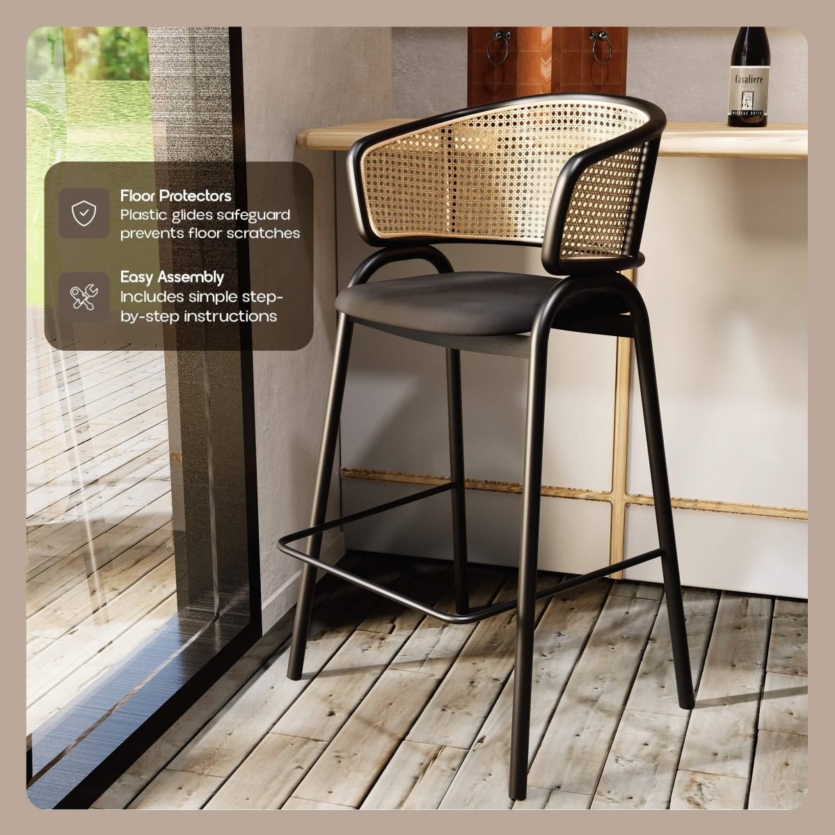 Ervilla Leather Bar Stool with Powder-Coated Stainless Steel Base and Curved Wicker Back Design Black Black Bar Stools Leisuremod