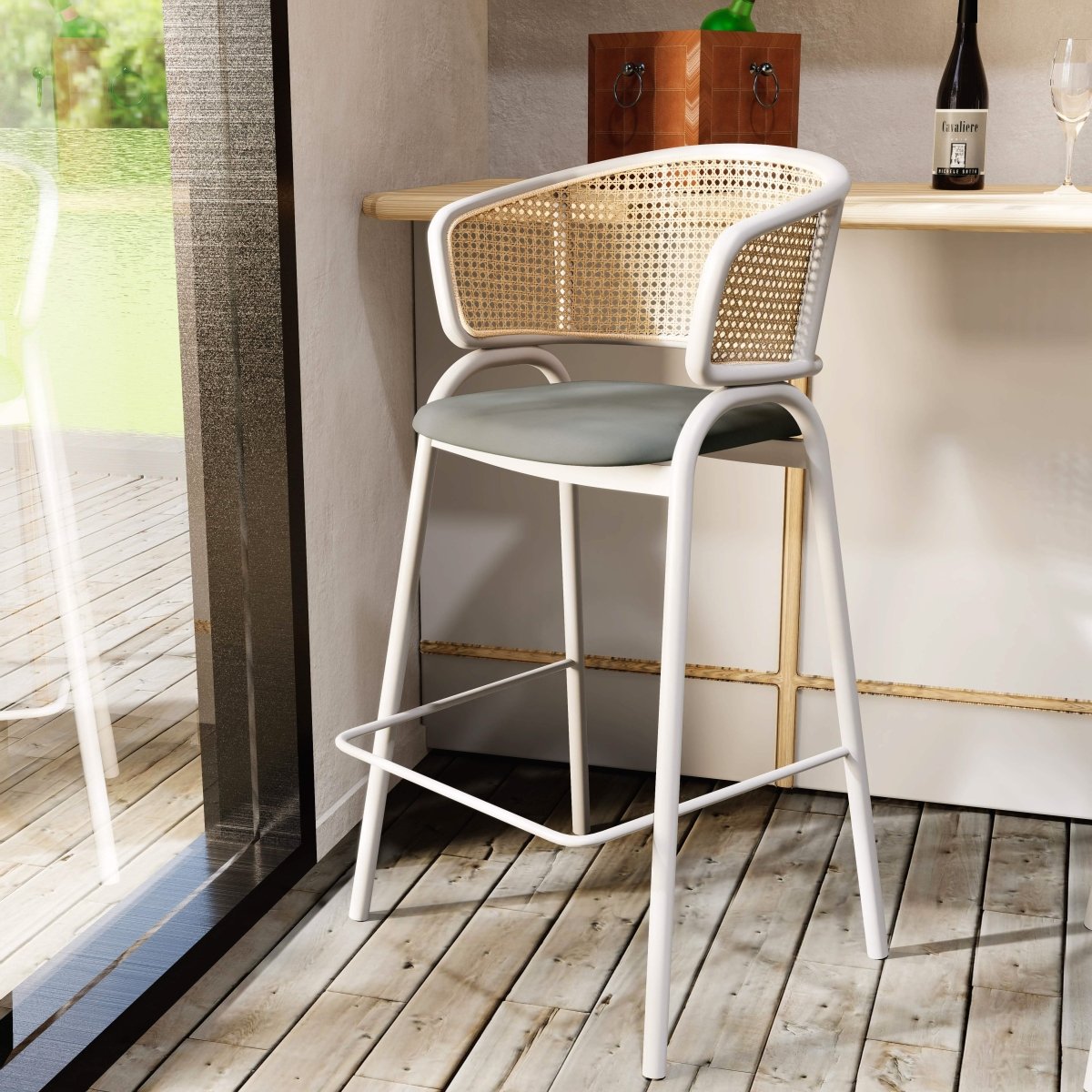 Ervilla Leather Bar Stool with Powder-Coated Stainless Steel Base and Curved Wicker Back Design Grey White Bar Stools Leisuremod