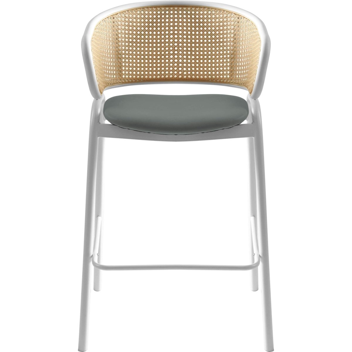 Ervilla Leather Bar Stool with Powder-Coated Stainless Steel Base and Curved Wicker Back Design Black White Bar Stools Leisuremod