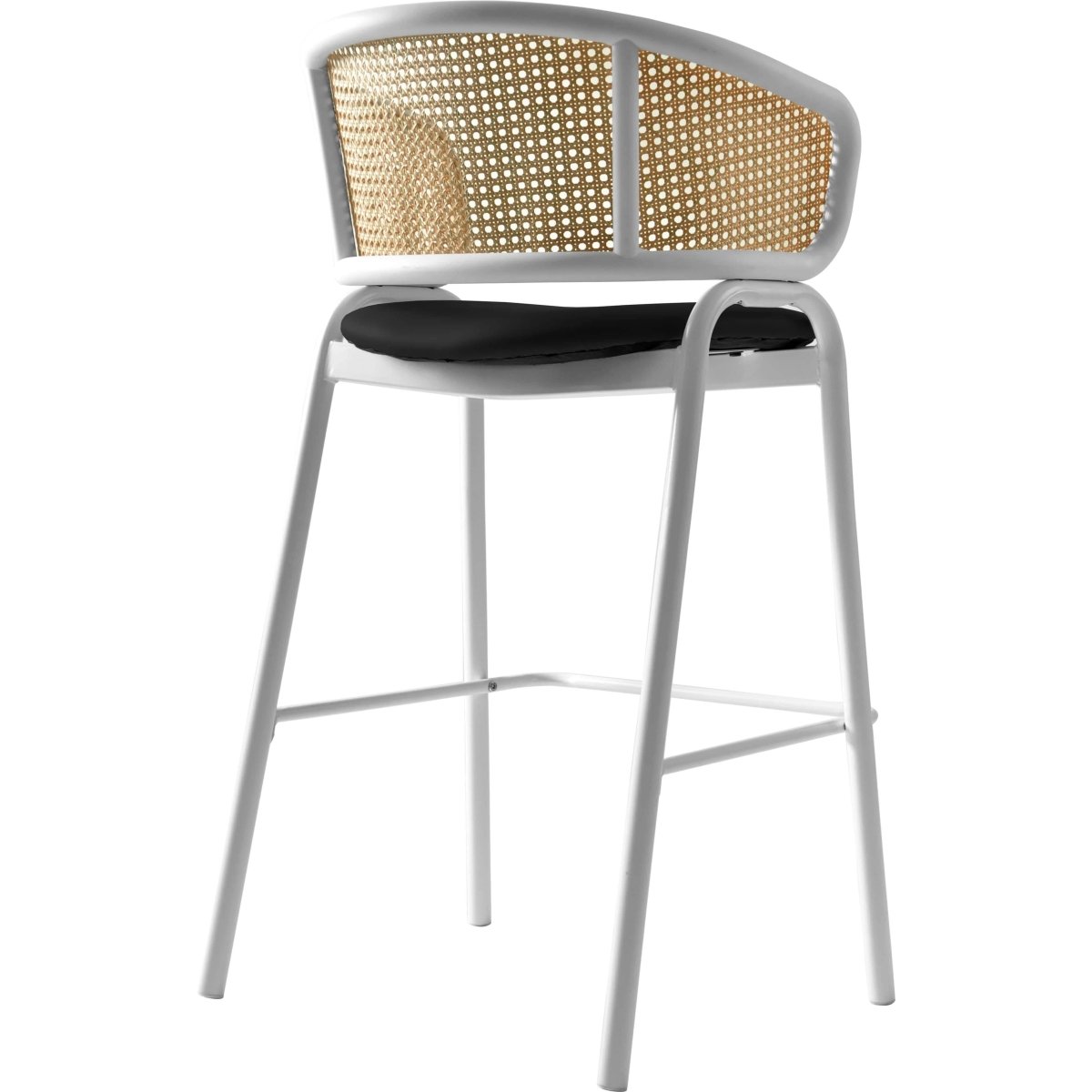 Ervilla Leather Bar Stool with Powder-Coated Stainless Steel Base and Curved Wicker Back Design Black White Bar Stools Leisuremod