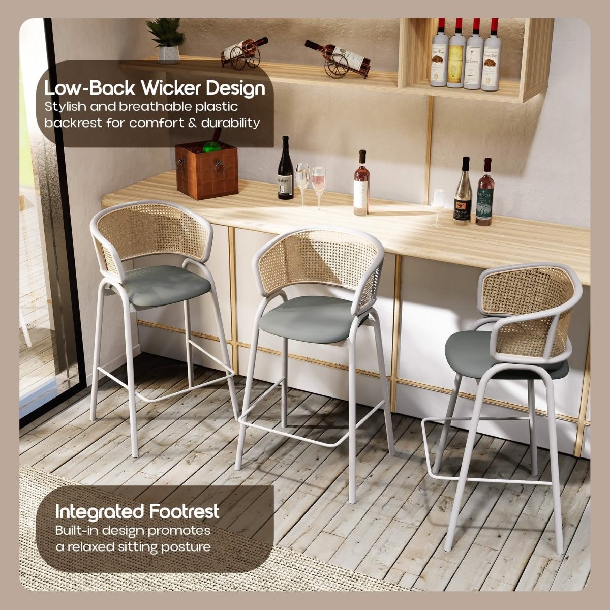 Ervilla Leather Bar Stool with Powder-Coated Stainless Steel Base and Curved Wicker Back Design Black White Bar Stools Leisuremod