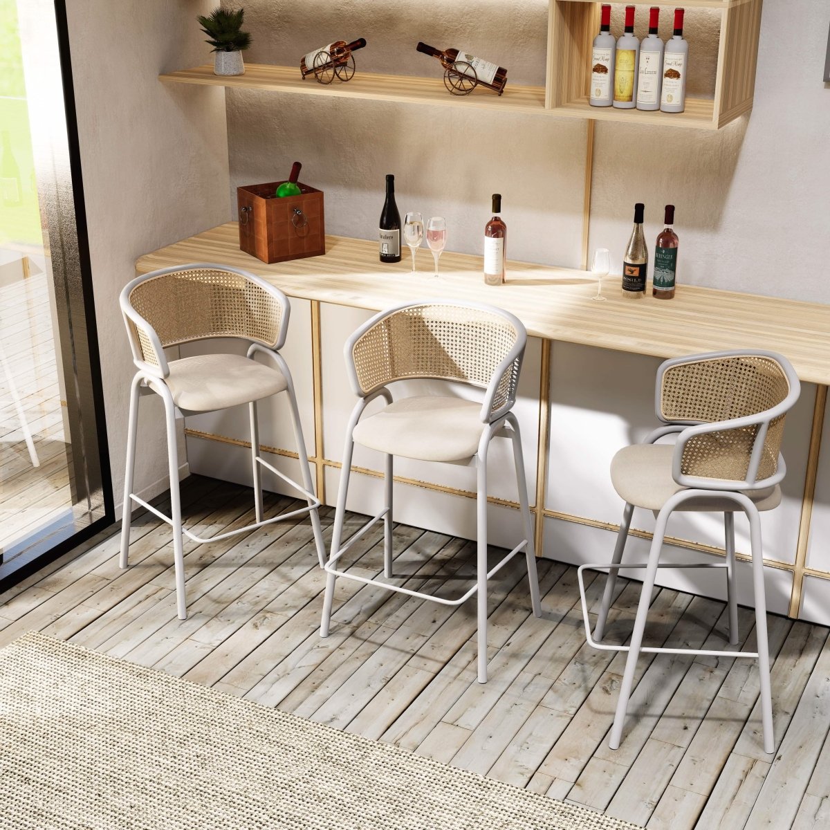 Ervilla Leather Bar Stool with Powder-Coated Stainless Steel Base and Curved Wicker Back Design Taupe White Bar Stools Leisuremod