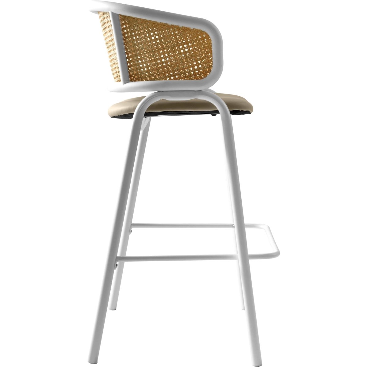 Ervilla Leather Bar Stool with Powder-Coated Stainless Steel Base and Curved Wicker Back Design Taupe White Bar Stools Leisuremod