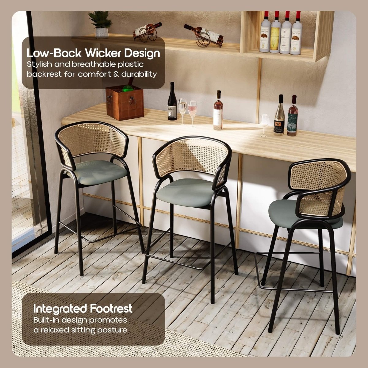 Ervilla Leather Bar Stool with Powder-Coated Stainless Steel Base and Curved Wicker Back Design Grey Black Bar Stools Leisuremod