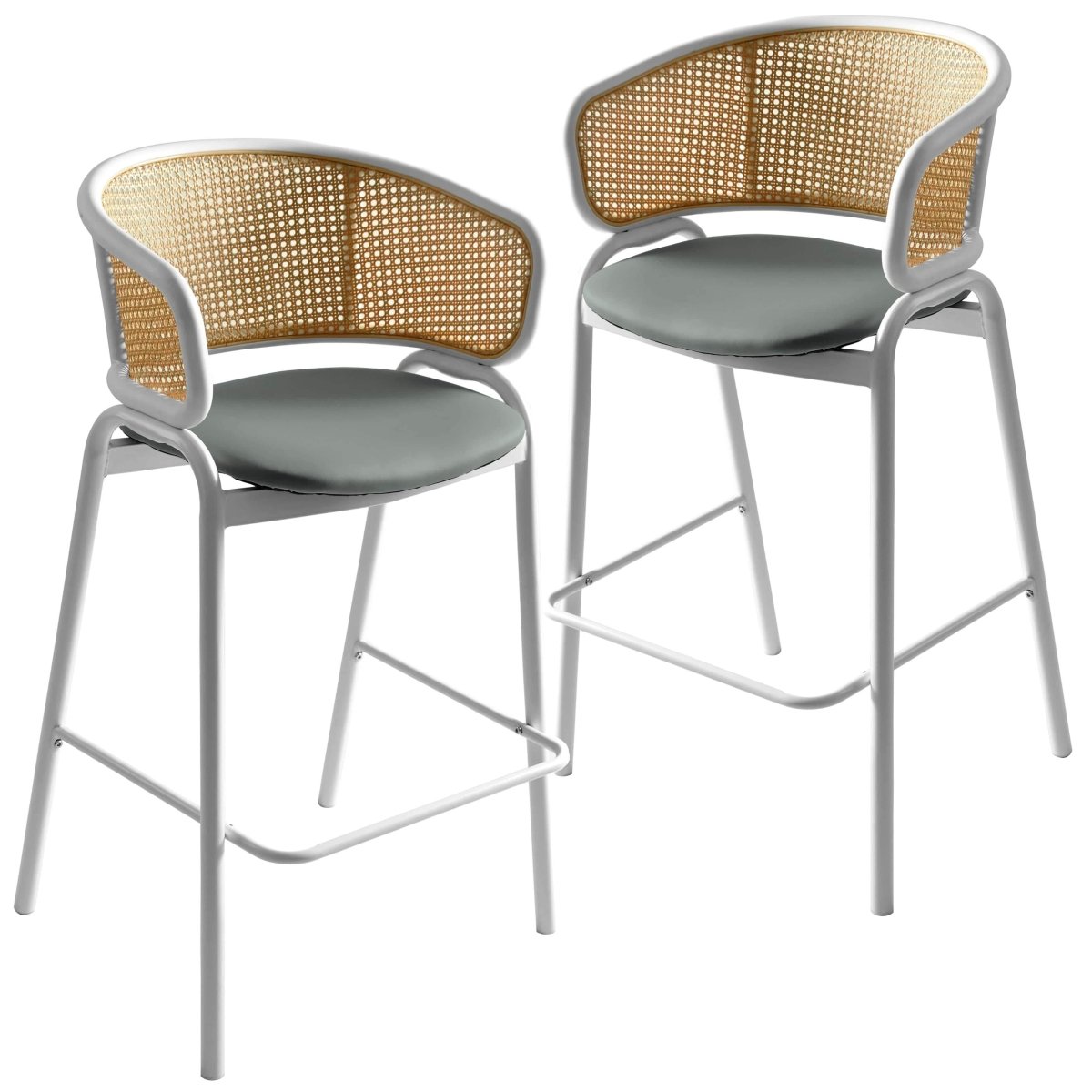 Ervilla Leather Bar Stool with Powder-Coated Stainless Steel Base and Curved Wicker Back Design Grey White Bar Stools Leisuremod