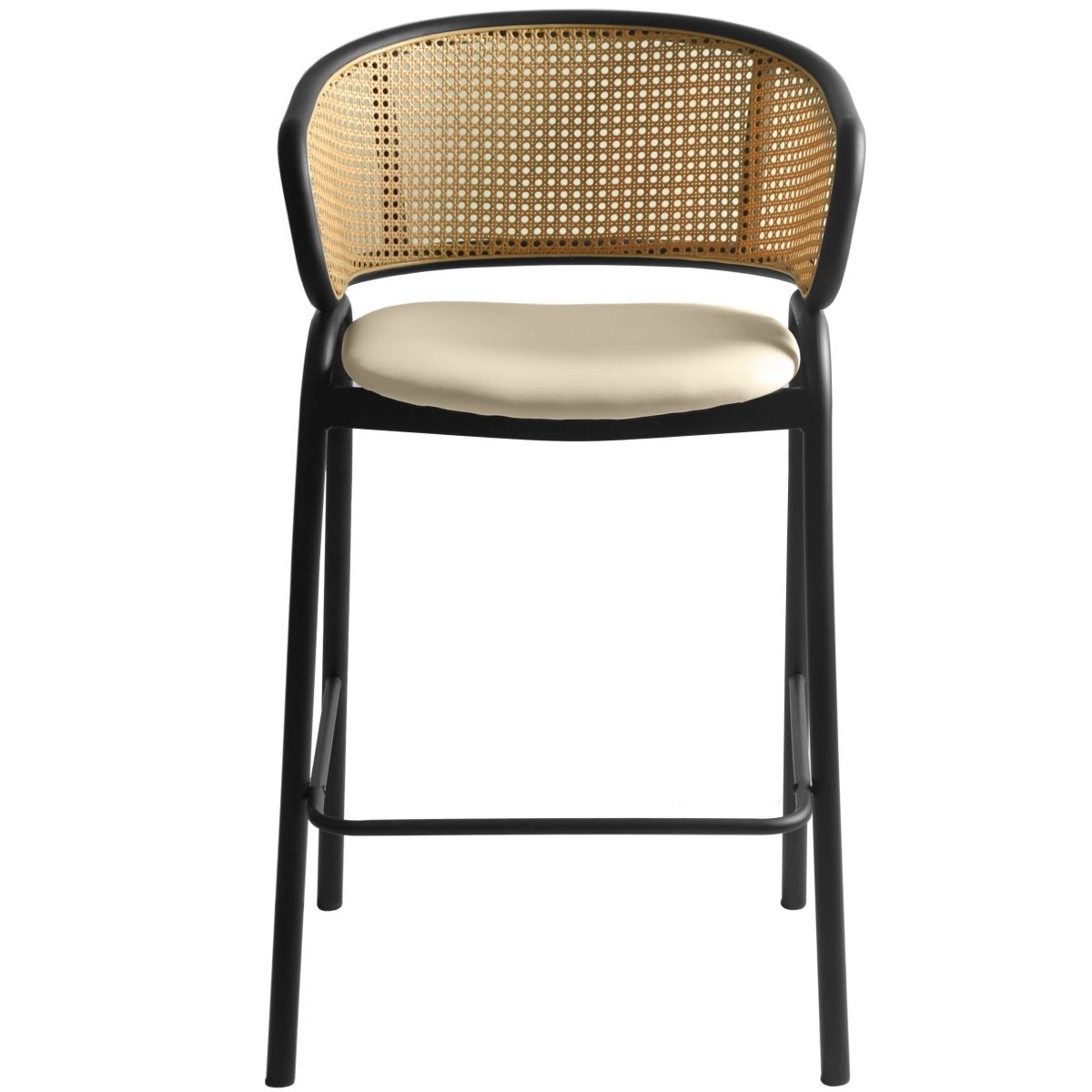 Ervilla Leather Bar Stool with Powder-Coated Stainless Steel Base and Curved Wicker Back Design Beige Black Bar Stools Leisuremod