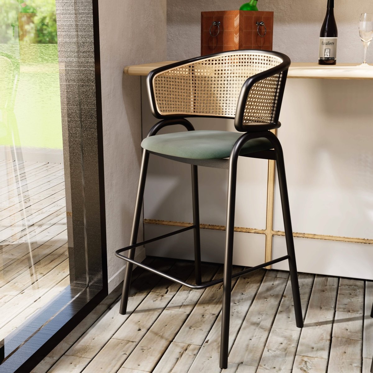 Ervilla Leather Bar Stool with Powder-Coated Stainless Steel Base and Curved Wicker Back Design Grey Black Bar Stools Leisuremod