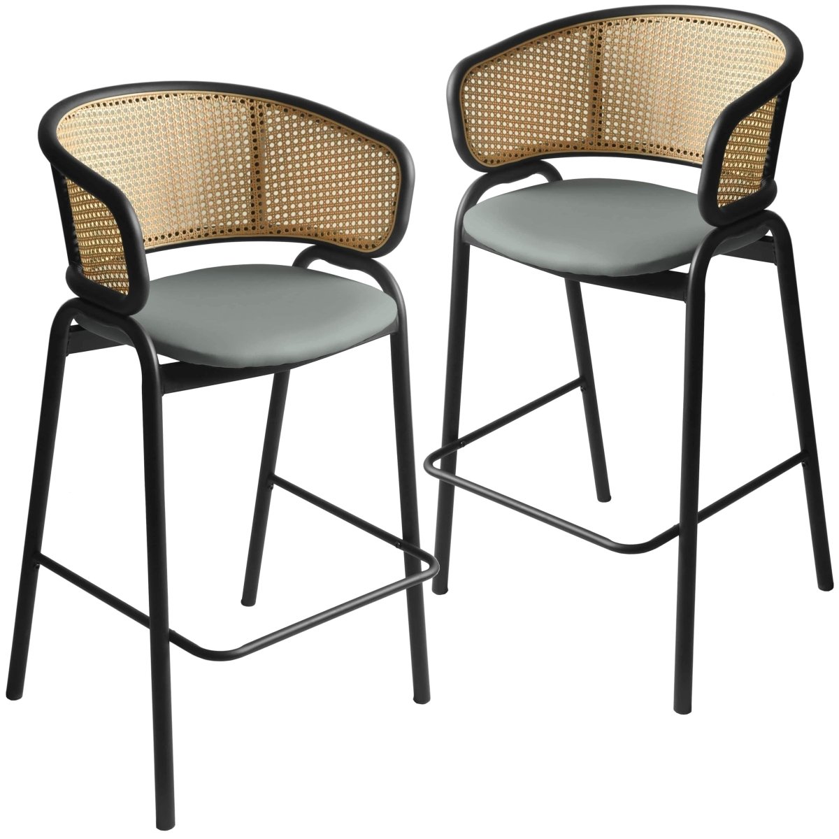 Ervilla Leather Bar Stool with Powder-Coated Stainless Steel Base and Curved Wicker Back Design Grey Black Bar Stools Leisuremod