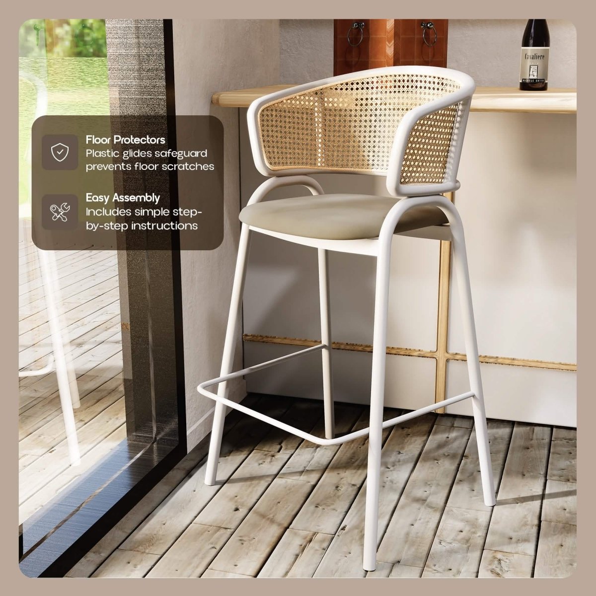 Ervilla Leather Bar Stool with Powder-Coated Stainless Steel Base and Curved Wicker Back Design Grey White Bar Stools Leisuremod