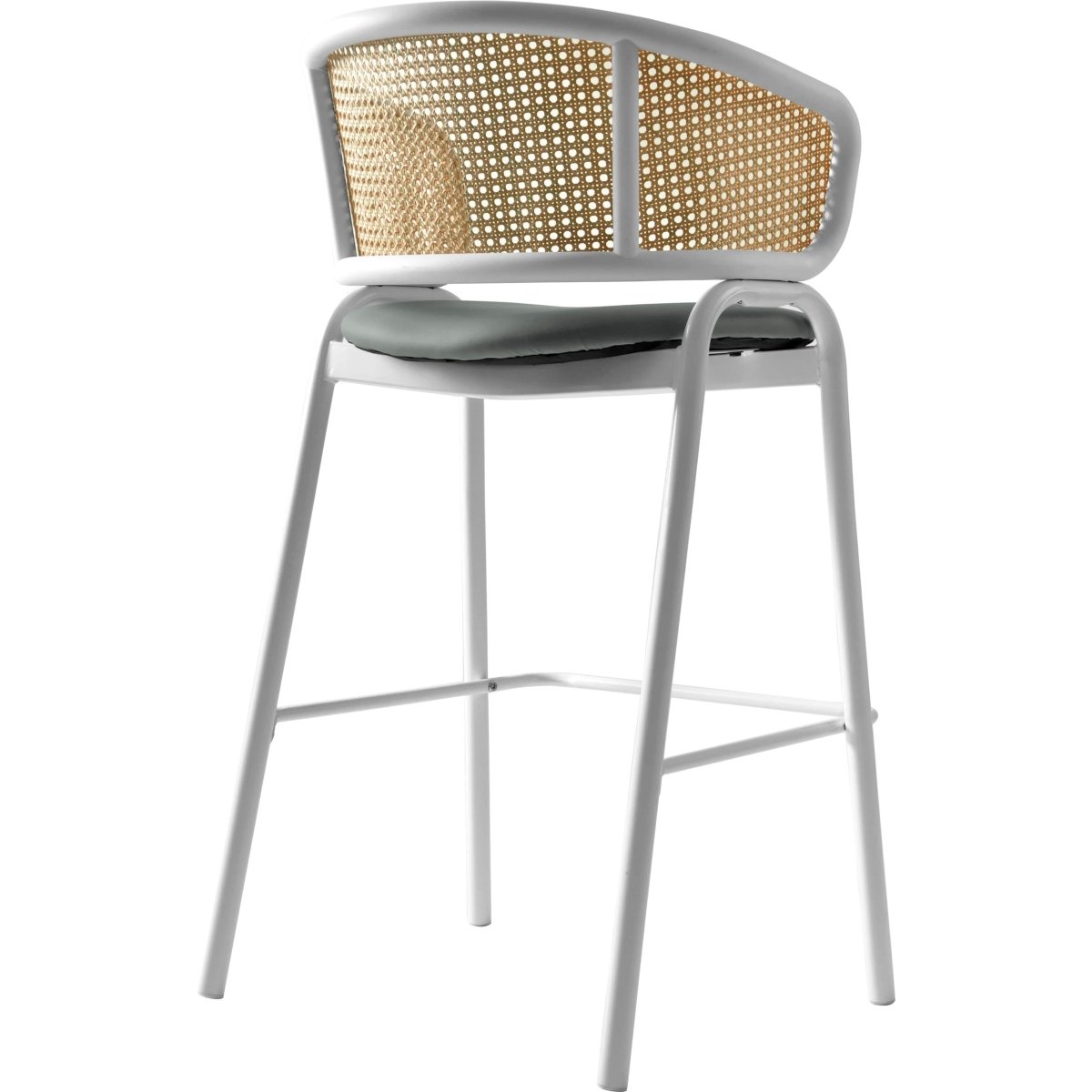 Ervilla Leather Bar Stool with Powder-Coated Stainless Steel Base and Curved Wicker Back Design Grey White Bar Stools Leisuremod
