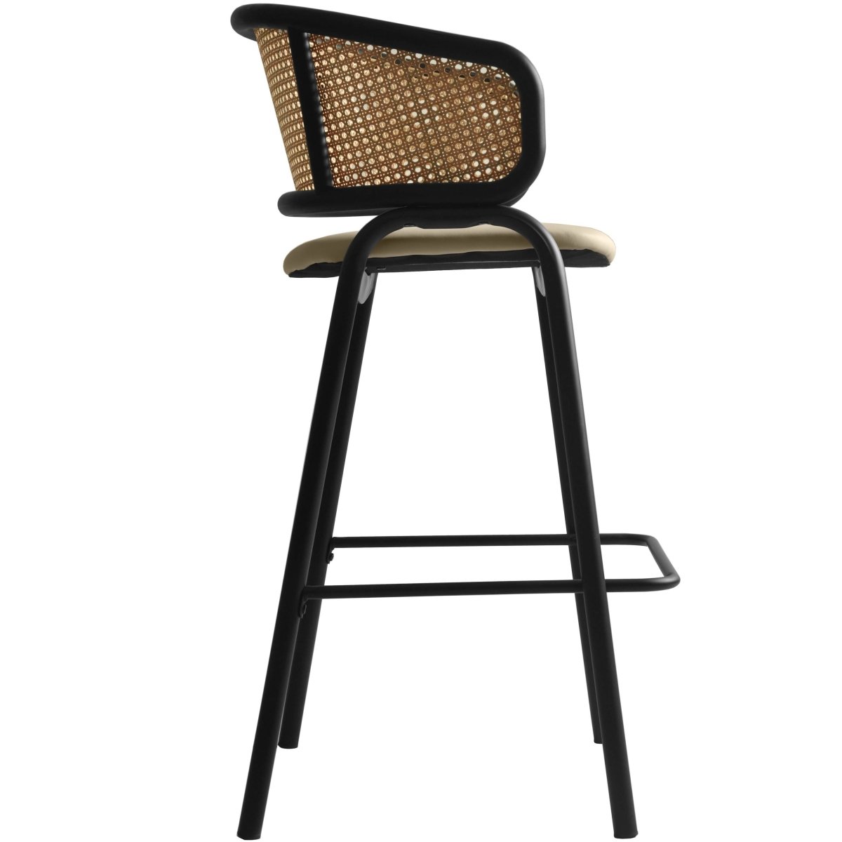 Ervilla Leather Bar Stool with Powder-Coated Stainless Steel Base and Curved Wicker Back Design Taupe Black Bar Stools Leisuremod