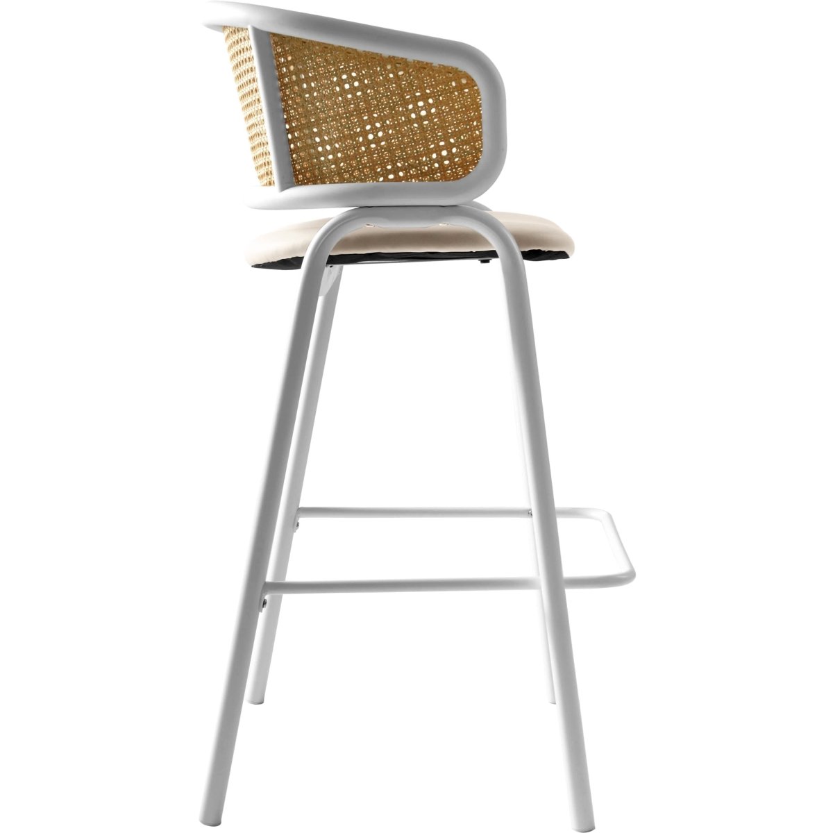 Ervilla Leather Bar Stool with Powder-Coated Stainless Steel Base and Curved Wicker Back Design White White Bar Stools Leisuremod