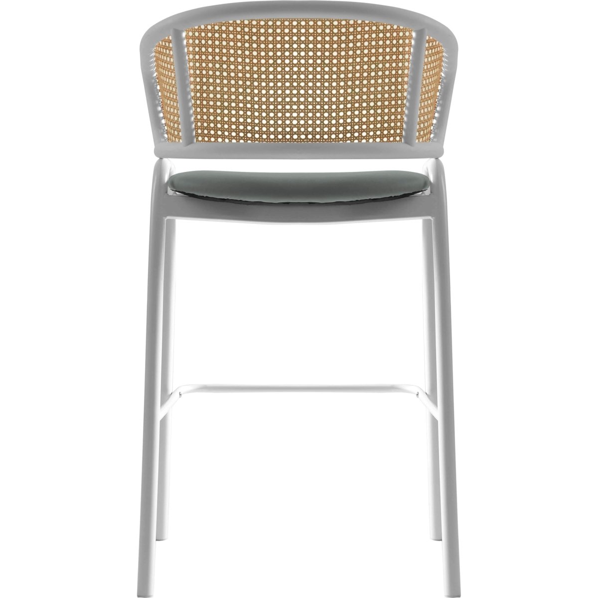 Ervilla Leather Bar Stool with Powder-Coated Stainless Steel Base and Curved Wicker Back Design Grey White Bar Stools Leisuremod