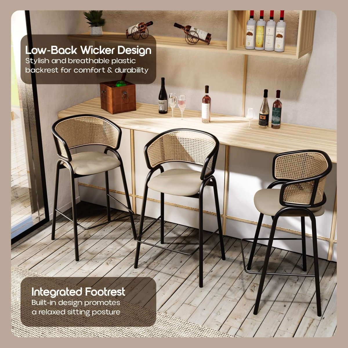 Ervilla Leather Bar Stool with Powder-Coated Stainless Steel Base and Curved Wicker Back Design Grey Black Bar Stools Leisuremod