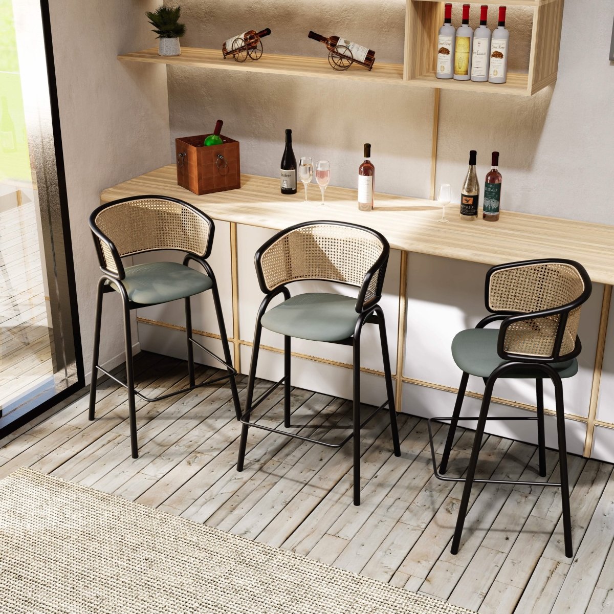 Ervilla Leather Bar Stool with Powder-Coated Stainless Steel Base and Curved Wicker Back Design Grey Black Bar Stools Leisuremod