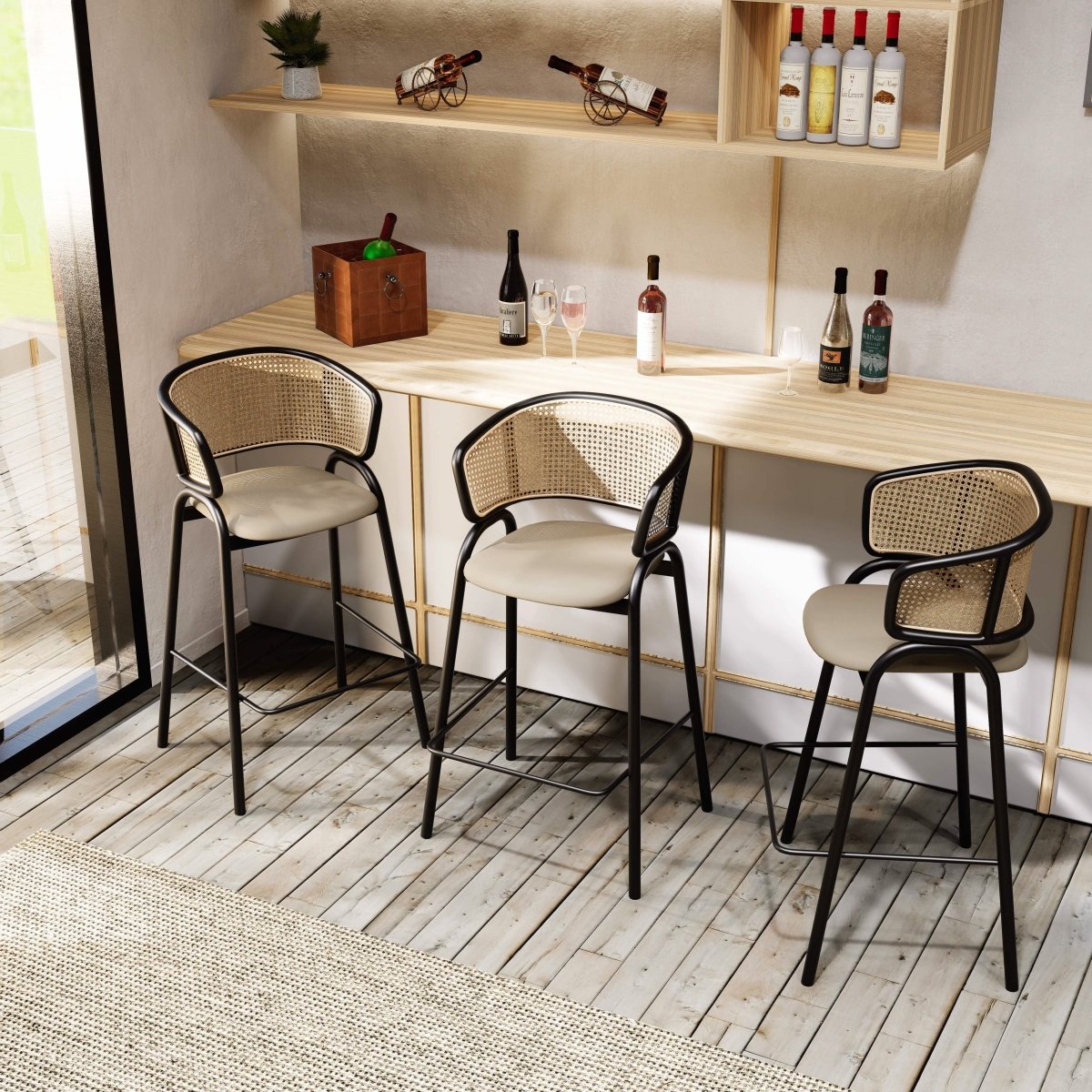 Ervilla Leather Bar Stool with Powder-Coated Stainless Steel Base and Curved Wicker Back Design Grey Black Bar Stools Leisuremod