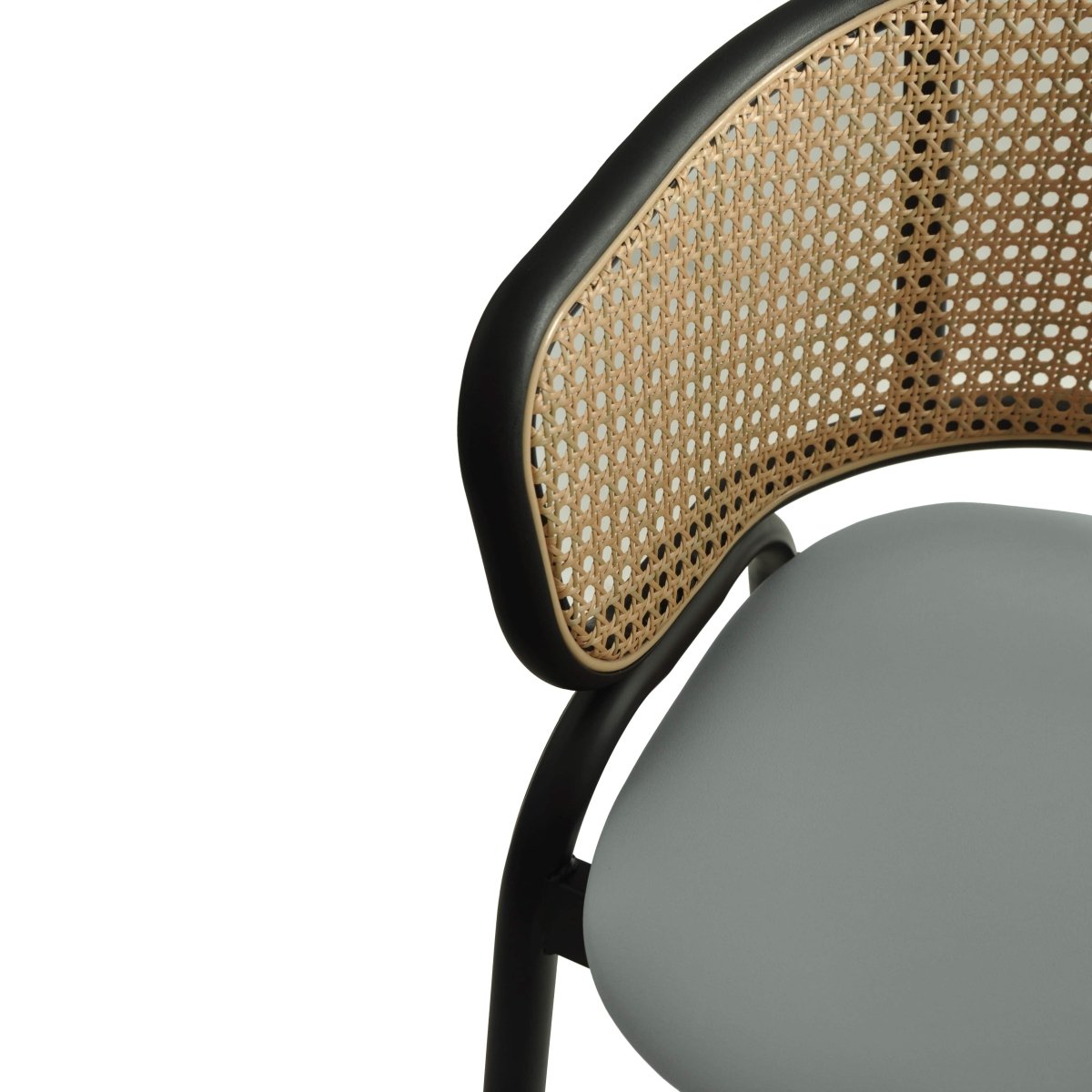 Ervilla Leather Bar Stool with Powder-Coated Stainless Steel Base and Curved Wicker Back Design Grey Black Bar Stools Leisuremod