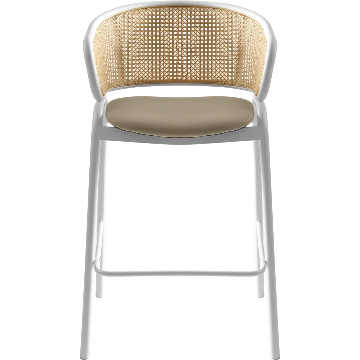 Ervilla Leather Bar Stool with Powder-Coated Stainless Steel Base and Curved Wicker Back Design Grey White Bar Stools Leisuremod