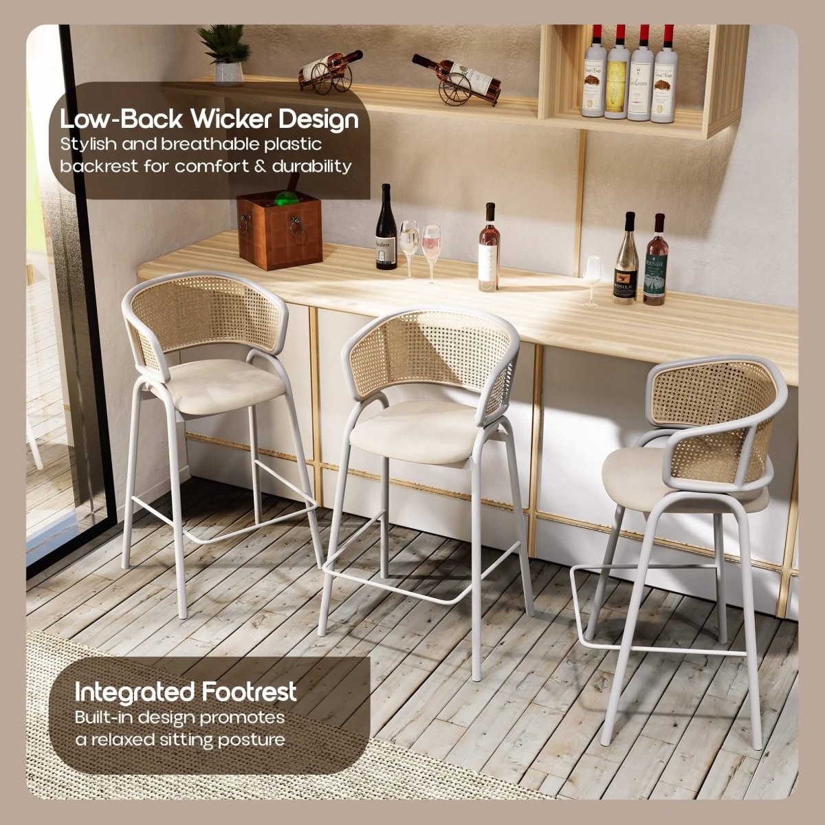 Ervilla Leather Bar Stool with Powder-Coated Stainless Steel Base and Curved Wicker Back Design Taupe White Bar Stools Leisuremod