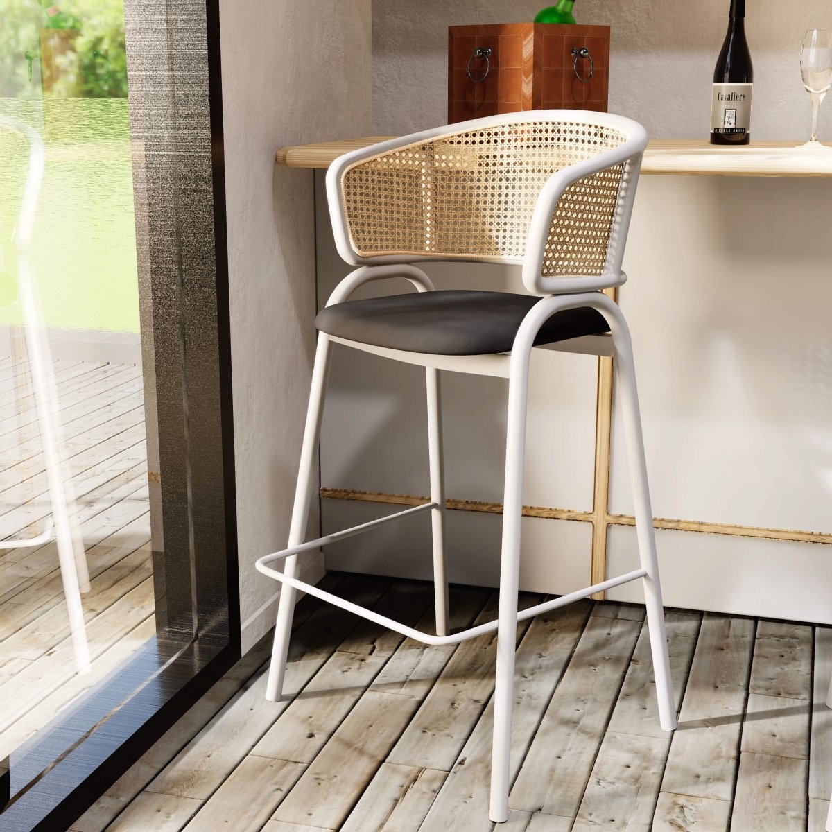 Ervilla Leather Bar Stool with Powder-Coated Stainless Steel Base and Curved Wicker Back Design Taupe Black Bar Stools Leisuremod