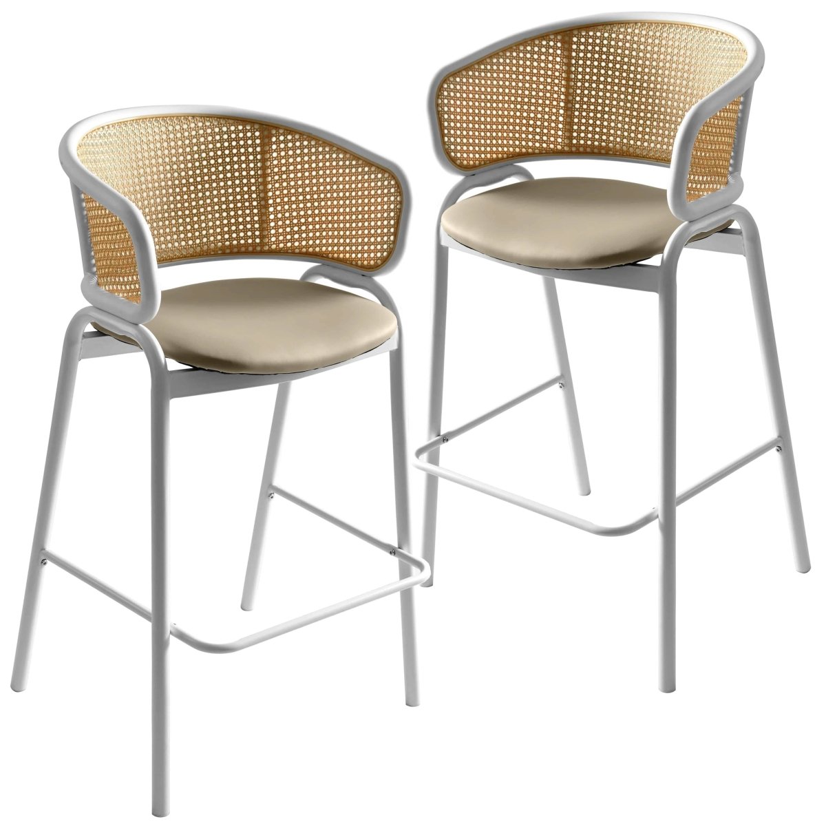 Ervilla Leather Bar Stool with Powder-Coated Stainless Steel Base and Curved Wicker Back Design Taupe White Bar Stools Leisuremod