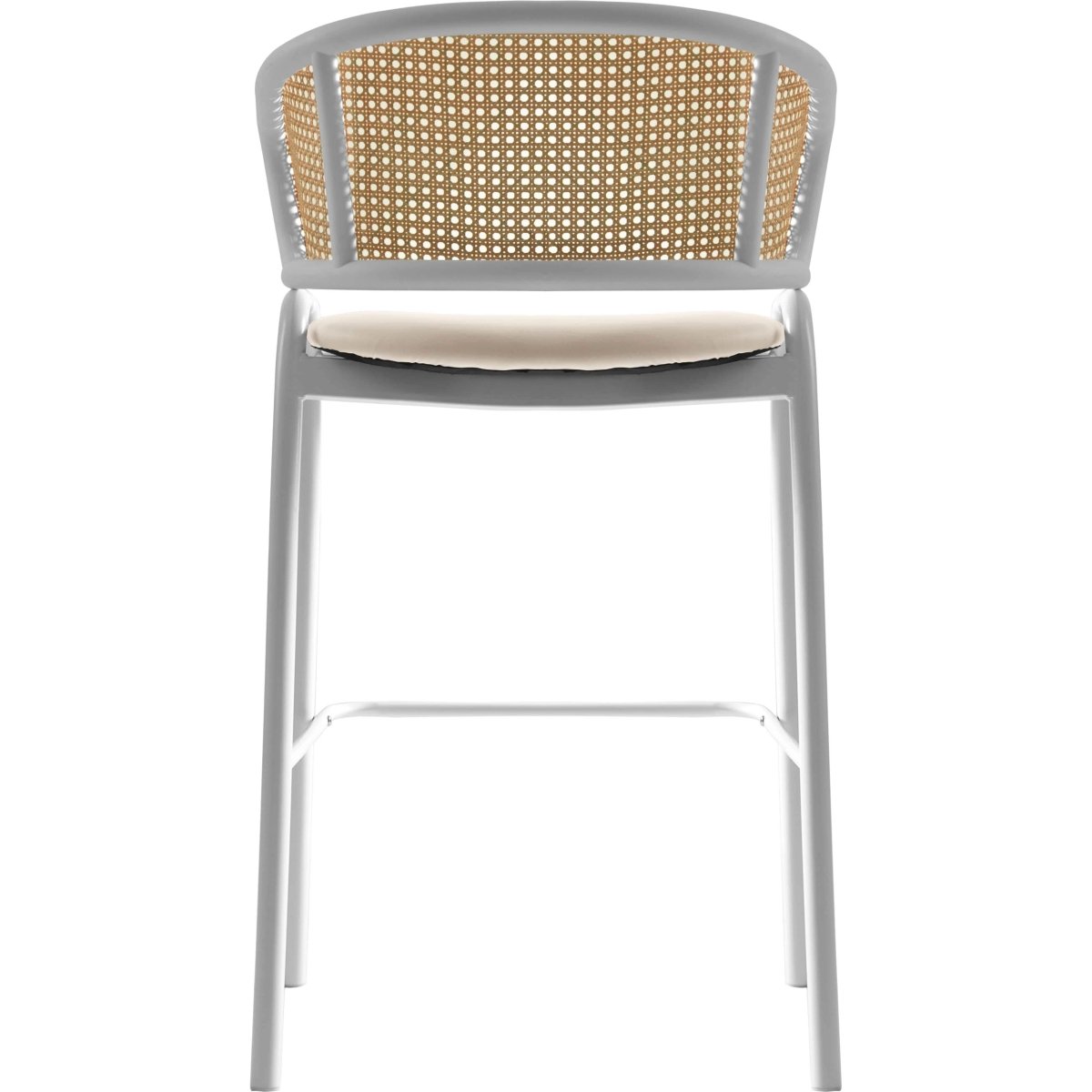 Ervilla Leather Bar Stool with Powder-Coated Stainless Steel Base and Curved Wicker Back Design White White Bar Stools Leisuremod